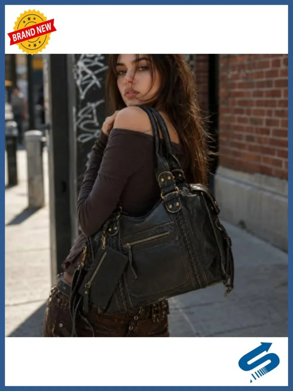 Vegan Leather Hobo Shoulder Bag for Women, Y2K Distressed Tote, Fits 14-Inch